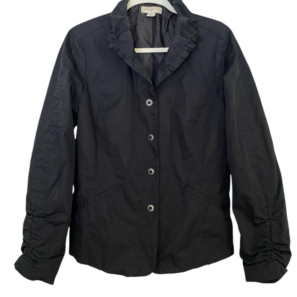 Water Resistant Jacket Black Ruffle Collar Button Snaps Adjustable Waist, Large